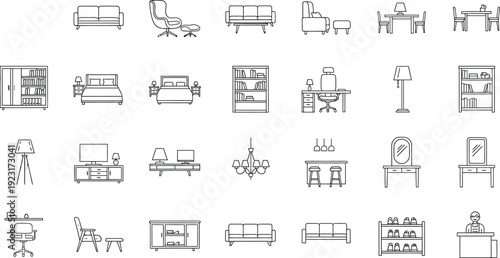 Premium Home & Office Furniture Line Icons – Contemporary Interior Vector Collection