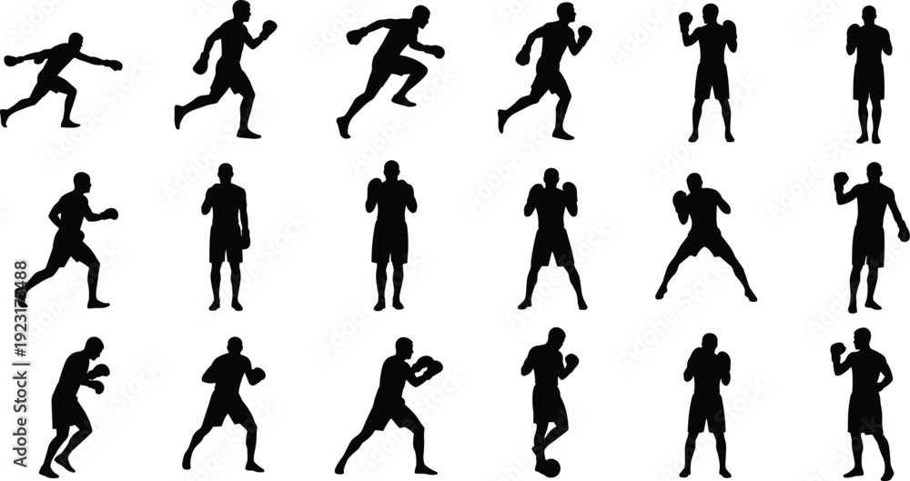 Fototapeta premium Black Silhouette Set of Professional Boxers in Fighting Poses Punching and Guarding for Martial Arts Combat Sports Fitness Training and Athletic Competition Vector Graphics
