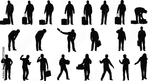 Black Silhouette Set of People with Suitcases Luggage and Shopping Bags for Travel Tourism Retail Commerce and Urban Lifestyle isolated on White Background Vector