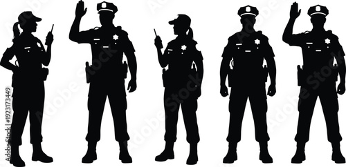 Black Silhouette Set of Male and Female Police Officers in Uniform Standing and Using Radios for Law Enforcement Public Safety and Security Vector Graphics