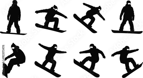 Black Silhouette Set of Snowboarders in Motion Jumping and Sliding for Winter Sports Competition Extreme Mountain Adventure and Professional Athlete Vector Graphic Illustrations
