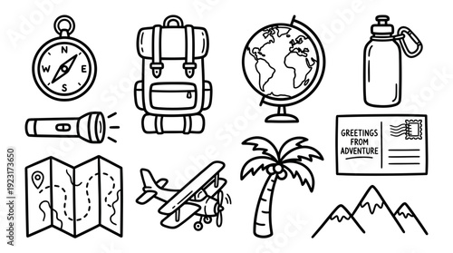Set of minimalist black line art travel icons featuring a compass, backpack, globe, flashlight, map and airplane, ideal for outdoor adventure branding, vacation stickers and blog assets