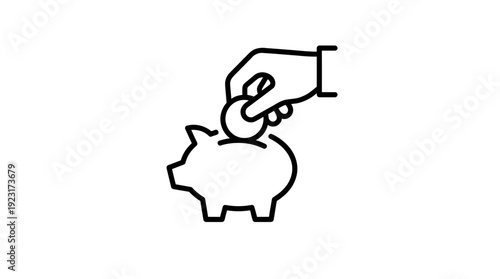 Black line icon of a hand putting a coin into a piggy bank savings container, ideal for personal finance education, banking mobile application interface and investment management infographics