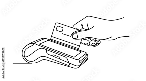 Continuous line drawing of a retail cashier's hand inserting a credit card into a wireless electronic payment terminal, ideal for financial services, digital transaction and banking marketing