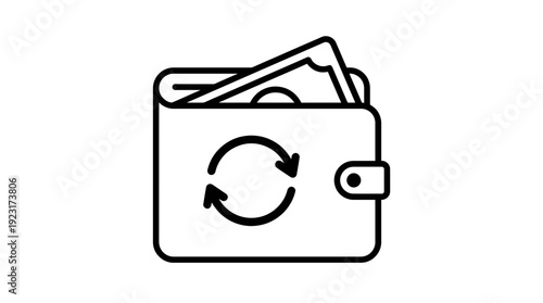 Minimalist line icon of a wallet with cash and a circular rotation arrow symbol on white background, ideal for cashback programs, recurring payment apps and economic circulation concepts