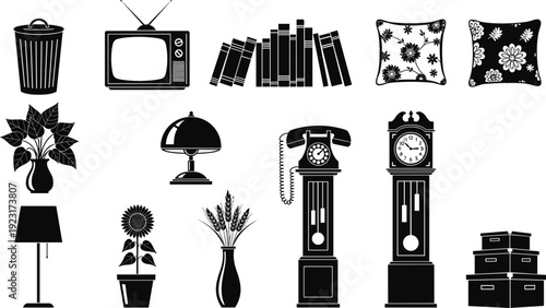Black silhouette icon set featuring home decor and household objects including vintage television books floor lamp grandfather clock and storage boxes isolated on white