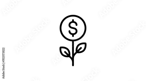 Minimalist black line icon of a growing plant with a dollar currency coin on a white background, ideal for financial growth concept, investment success and business profit marketing