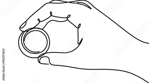 Continuous line art of a professional hand holding a coin on white background, ideal for financial investment blogs, cryptocurrency market analysis and minimalist business web design