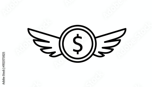 Minimalist black line icon of a dollar coin with wings isolated on a white background, ideal for financial growth concepts, investment website design and cryptocurrency marketing materials