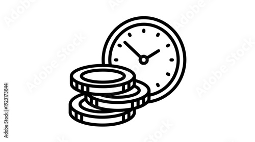 Minimalist black line art icon of a stack of coins and an analog clock on white background, ideal for financial management apps, business productivity blogs and investment presentation slides