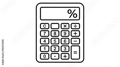 Minimalist black line art illustration of a calculator with numeric buttons and math symbols on white background, ideal for financial icons, education graphics and accounting web design