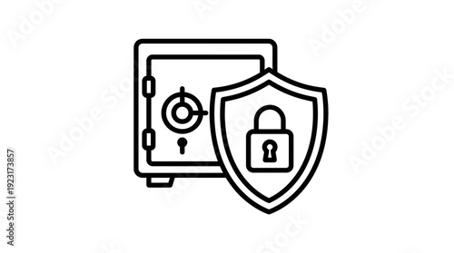 Minimalist black line icon of a metal security safe box with a protective shield and padlock symbol on white background, ideal for financial security apps, cyber protection and banking