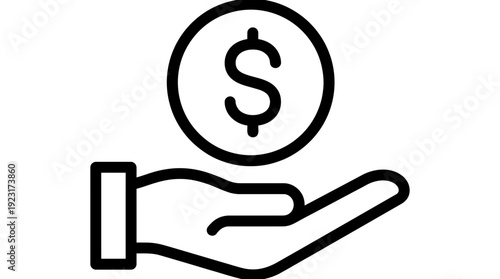 Minimalist black linear vector icon representing a human hand holding a floating dollar currency coin, ideal for banking mobile application, financial growth strategy and commercial branding