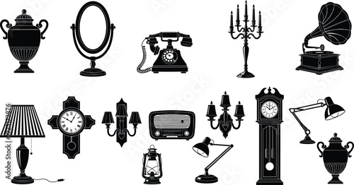 Black silhouette icon set of antique household objects including vintage telephone gramophone candelabra desk lamp wall clock and radio isolated on white background