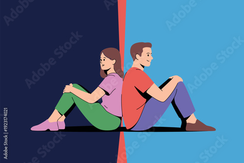 A cartoon illustration of a man and woman sitting back to back in a split colored background