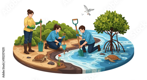 Illustration of people planting trees and engaging in conservation efforts on a split land and water background, highlighting sustainable business practices and biodiversity corporate