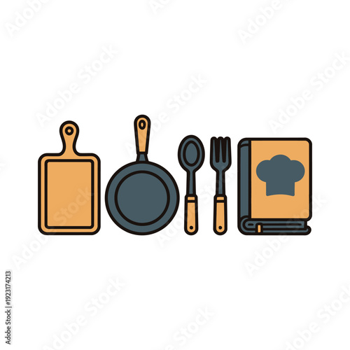 Assorted cooking utensils and recipe book icons are displayed.