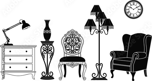 Collection of black antique furniture silhouettes featuring ornamental chairs vintage dresser floor lamps decorative vases and classic wall clock icons for vector interior design
