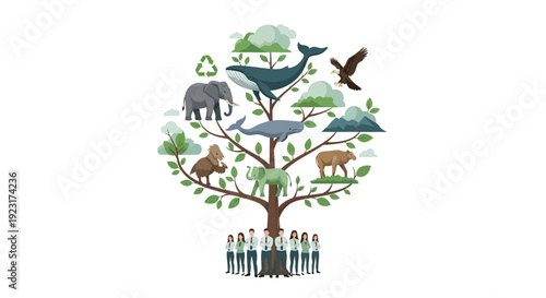 Illustration of diverse wildlife and people united under a tree symbolizing sustainable business and biodiversity conservation with ESG concept.