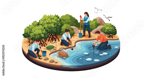 Illustration of people engaging in conservation activities by a serene body of water with lush greenery and rocks, promoting sustainable wildlife and biodiversity.