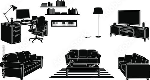 Collection of black home office and living room furniture silhouettes featuring modern workstations sofas bookshelves floor lamps television stands and interior design vector elements