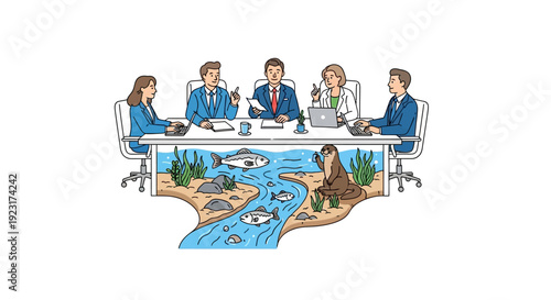 Illustration of business professionals discussing wildlife ESG concept and biodiversity corporate responsibility around a table with a river and animals on it, conveying a sustainable and