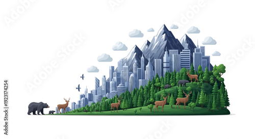 Vector illustration of a cityscape merging with a forest and wildlife, symbolizing sustainable business and biodiversity conservation.