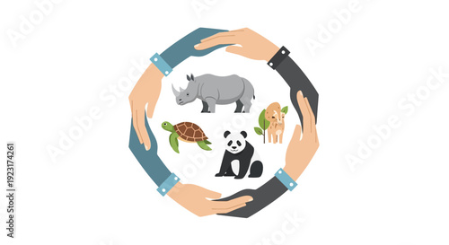 Illustration of hands forming a circle around various animals and plants, representing wildlife sustainable business and biodiversity corporate responsibility with a focus on ESG concept.