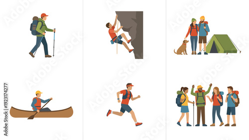 Adventure Sports Set Hiking Climbing Camping Canoeing Trail Running Group Trekking Vector Illustrations
