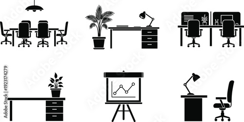 Collection of black office furniture silhouettes featuring modern workstations with laptops monitors swivel chairs and home interior elements for corporate and residential vector design