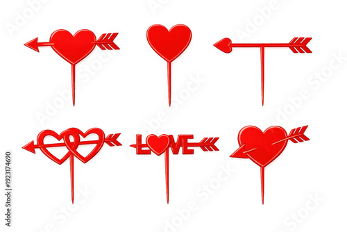 Red heart and love cake toppers with arrows