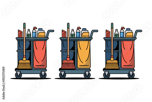 Three colorful cleaning carts with brooms and supplies on a white background