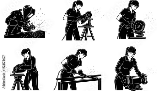 Female Welder and Metal Grinding Worker Black Vector Illustration Set, Woman in Industrial Manufacturing and Construction Job Graphics, Tradeswoman Safety Gear and Engineering Career Icons.