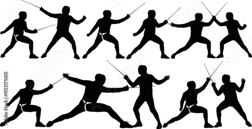 Fencing athletes silhouettes collection, black vector illustration set showing sword fighting poses, duels, sport action, Olympic martial arts design