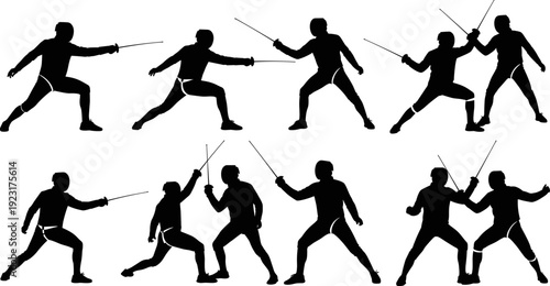 Fencing sport vector illustration set, black and white athlete silhouettes, sword fighting action poses, duel competition training, dynamic martial arts design collection
