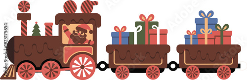 Festive chocolate Christmas train with Santa Claus carrying colorful gift boxes, candy decorations, and holiday sweets for winter celebration illustration
