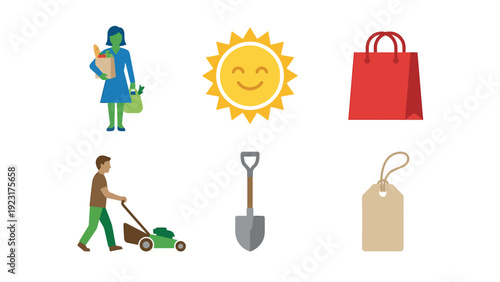 Set of Icons Representing Summer Activities Groceries Sun Shopping Lawn Mowing Gardening and Tags