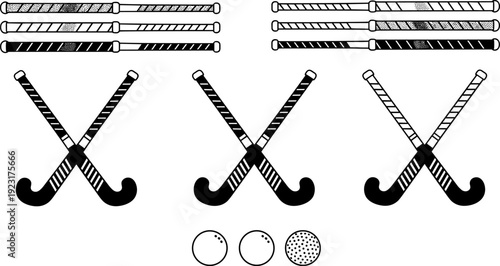 Field hockey equipment set featuring crossed sticks, patterned grips, and balls, isolated vector illustration for sports branding, club logos, and athletic design.