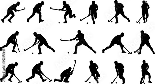 Field hockey player silhouettes action poses, sports athlete movement set, black vector illustration isolated on white for branding marketing design