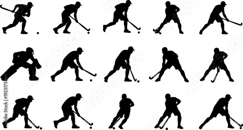 Field hockey player silhouettes collection, dynamic hockey action poses, athlete movement sequence, sport training set, isolated black vector illustration for design use