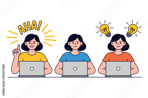 Three women having ideas while working on laptops together in a creative team