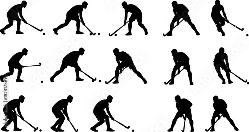 Field hockey player silhouettes action sequence, professional sports movement poses, black vector illustration isolated on white background for branding marketing design projects