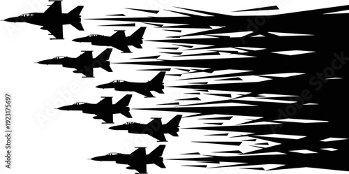Fighter jet formation silhouette illustration, military aircraft speed trail concept, modern air force vector design, black and white dynamic aviation graphic