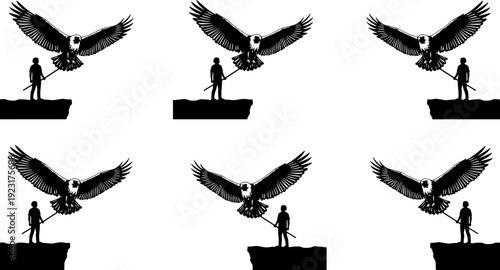 Fighter with Sword and Flying Eagle Silhouette Vector Illustration Set, featuring Man Standing on Rock with Bird of Prey, symbolizing Freedom, Power, Strength, and Adventure Concepts