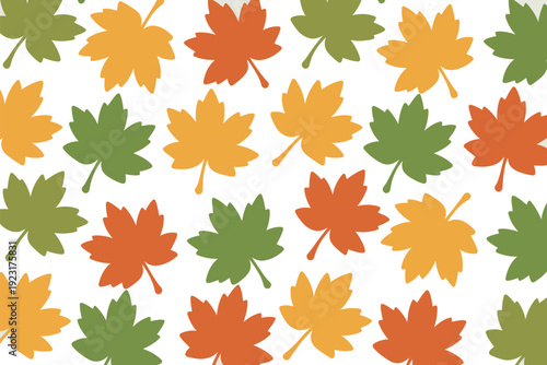 A colorful pattern of autumn leaves in shades of green, yellow, and orange on a white background