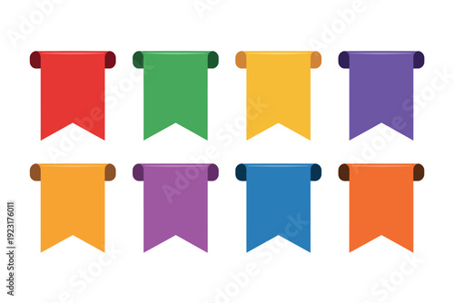 A colorful set of ribbon banners in various hues on a white background