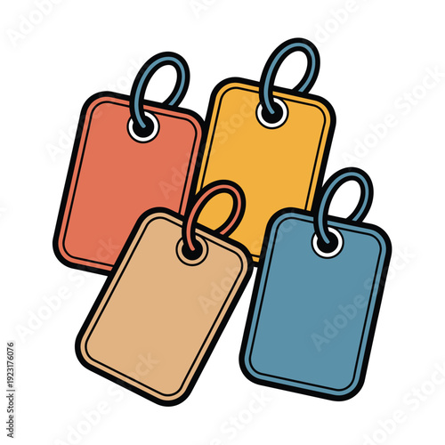 Four blank colorful price tags hang with attached loops on white.