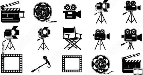 Film production icons set vector illustration, movie camera equipment collection, cinema tools silhouettes, video filmmaking symbols pack, black minimal design elements