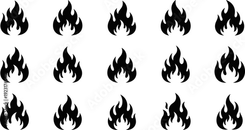 Fire flame icon set, black flat symbols collection, burning heat energy shapes, simple vector illustration isolated on white background, minimalist graphic design