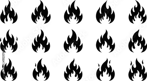Fire flame silhouette icons set, burning fire symbols vector illustration, heat energy collection, danger warning elements, black and white design